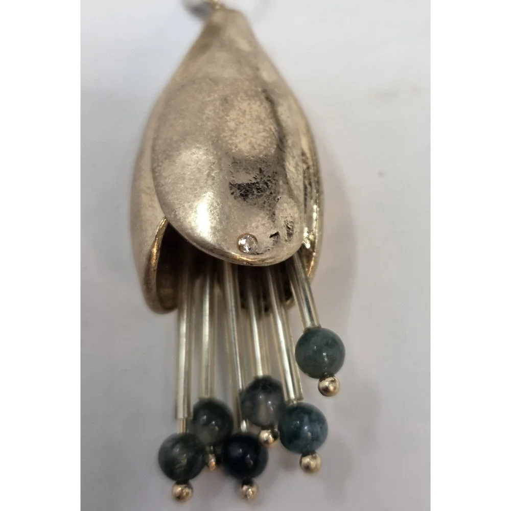 Boho Mixed Metal Leaf Pod Tassel Necklace Green Stone Beads Adjustable Cord